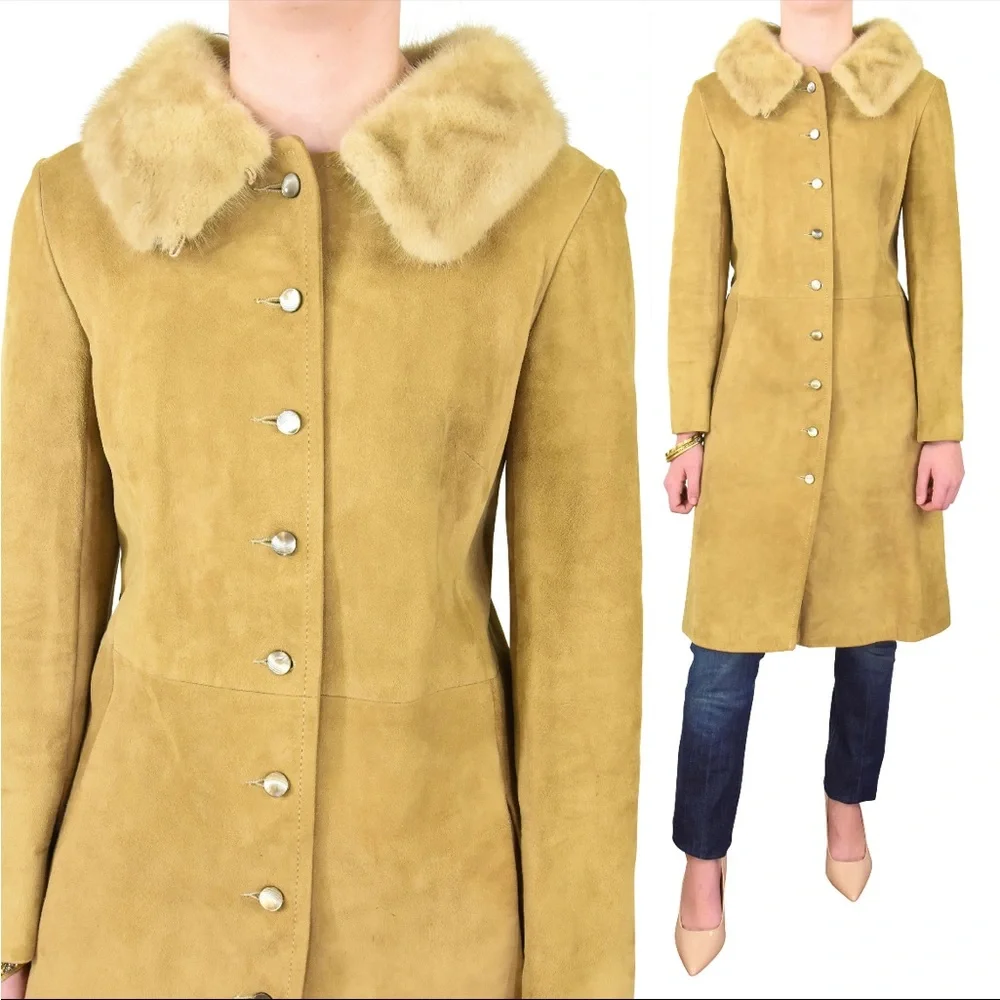 Stunning! 50s Vintage Fitted Coat Rubbed Suede Princess Coat Mink Fur Collar S - Picture 1 of 7